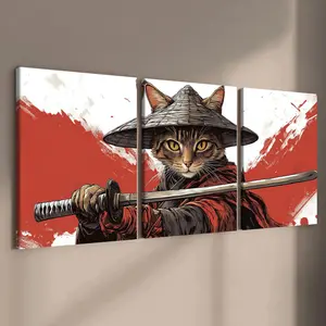 Cat Warrior Pattern Canvas Painting with Frame, 3 Counts/set Animal Themed Modern Animal Cat Poster, Wall Art Decor for Home Living Room Bedroom Office