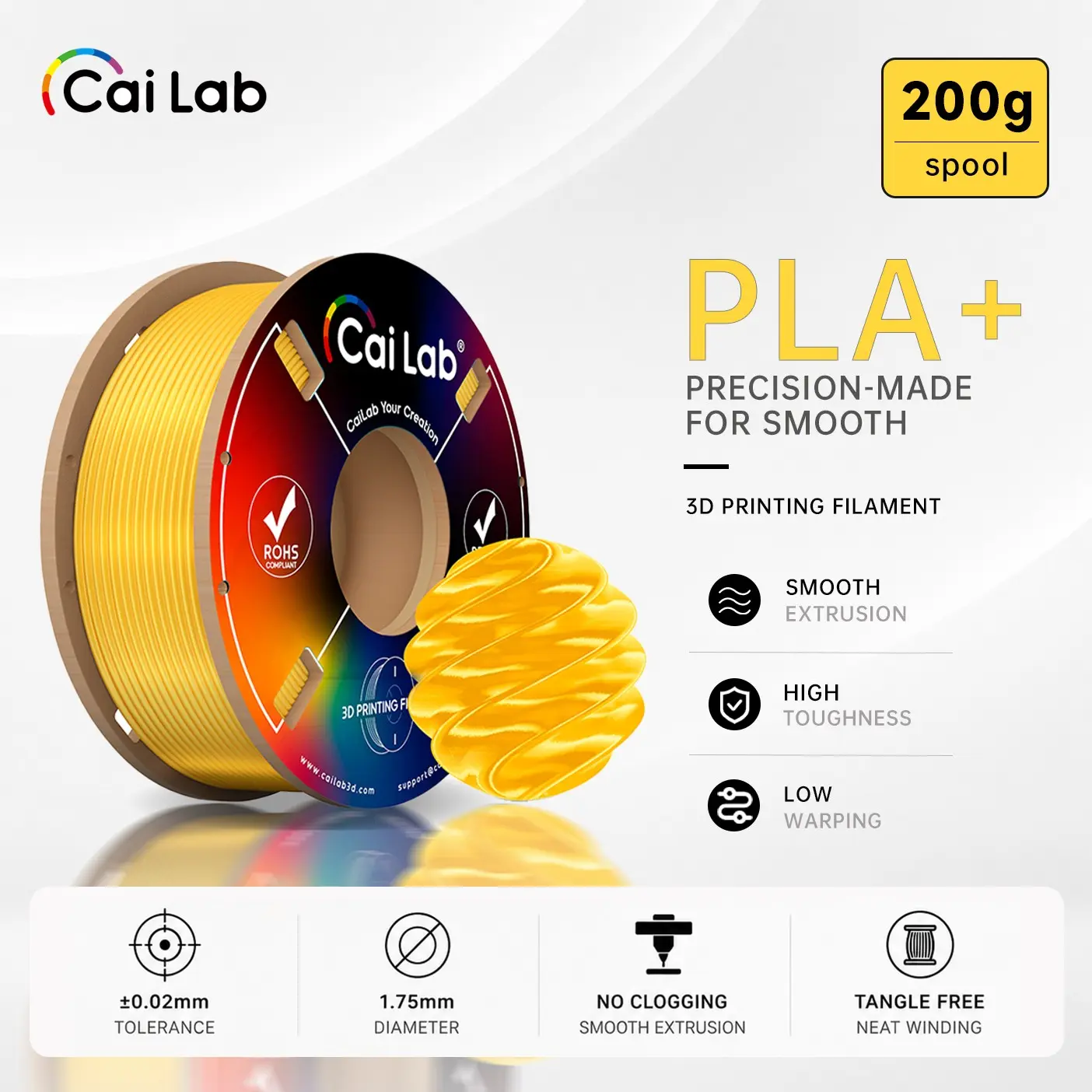 Cailab Pla Silk 3D Printing Filament 1.75mm 200g, High Gloss Smooth Shiny, Precision +/-0.02mm, No Clogging, Strong Layer Adhesion, Fdm Print, DIY Art Craft