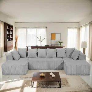 Modular U-Shaped Sectional Sofa,130-inch 4-Seater Chaise Lounge with Reversible Design, Striped Corduroy Fabric in Gray – Customizable Living Room or Bedroom Couch, Freely Configurable Layout.