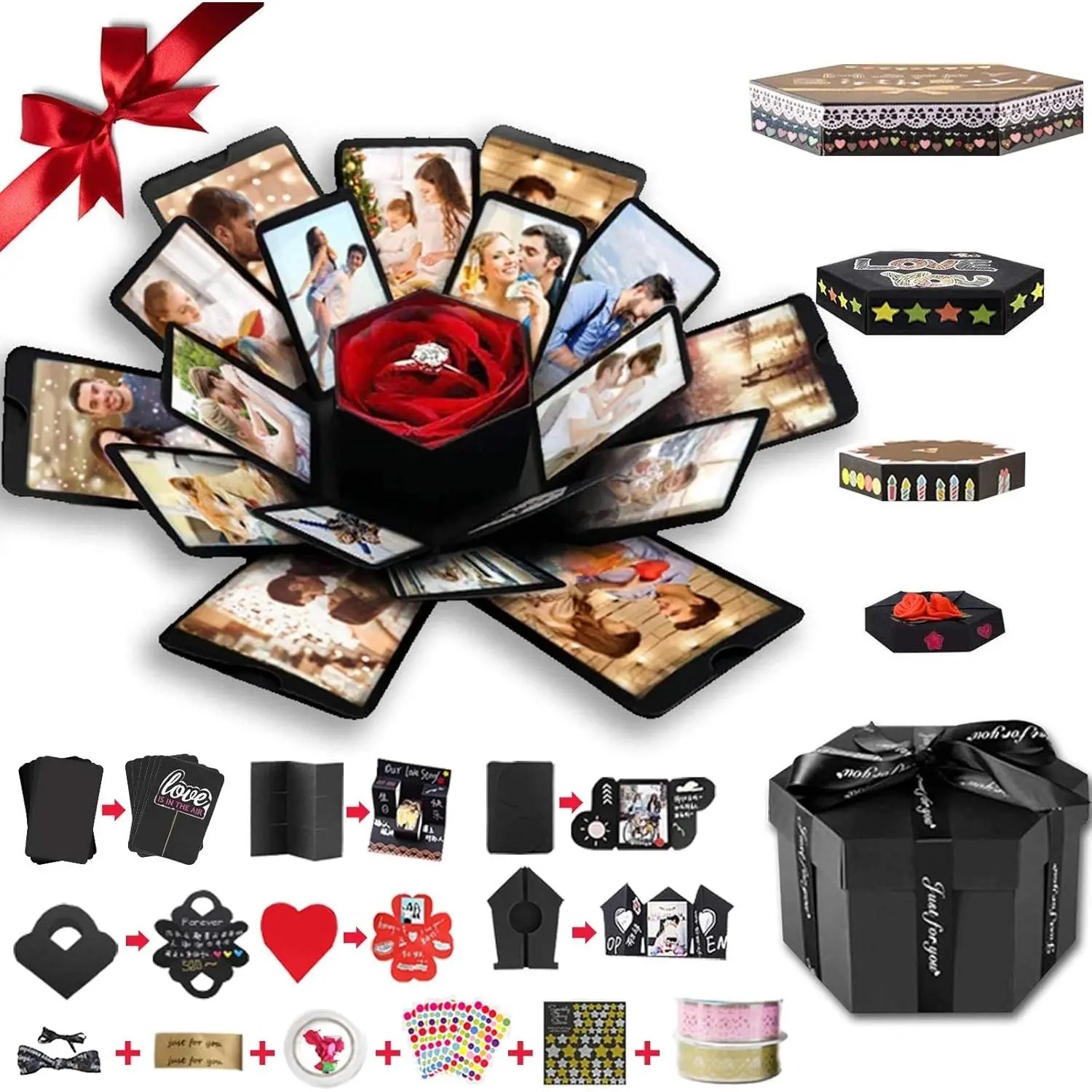Explosion Box, DIY Explosion Box with 6 Faces, Main Part Assembled Handmade Photo Box Album for Birthday Gift, Anniversary, Valentine's Day, Wedding (Black)