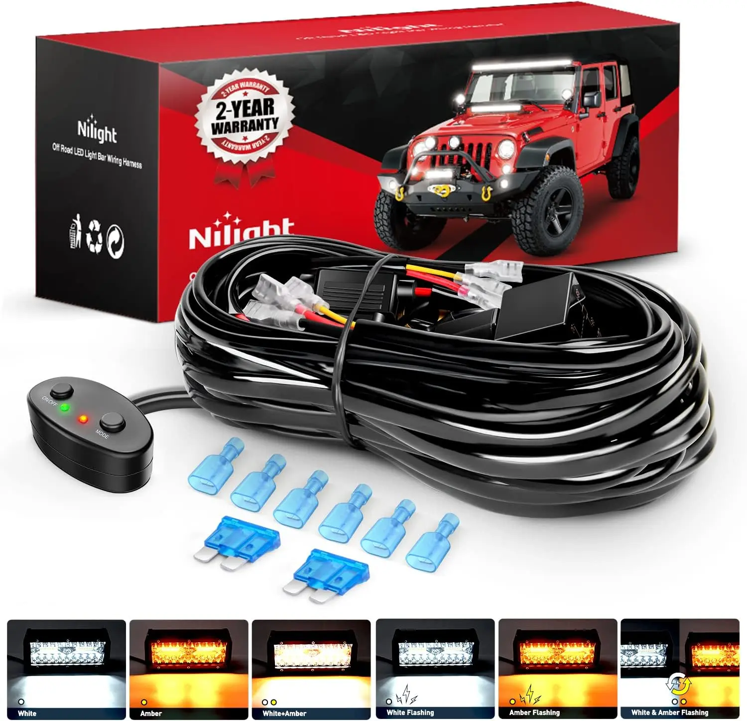 Nilight 16AWG Wiring Harness Kit with 2 Leads - 6-Mode Amber White Strobe LED Light Bar Compatible, 12V On-Off Switch, Remember & Reset Function, Side Lamp, Off Road Vehicle Lights, Two Leads