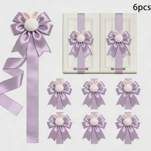 6 Pcs Easter Cabinet Door Bows Adorable Plush Bunny Ribbon Bows Ornaments for Home Kitchen Furniture Decor