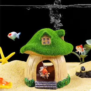 Aquarium Decorative Resin Fish Tank Ornament, Whimsical Moss Mushroom Hideaway House, Cartoon Decoration Home for Fish Shrimp Lizards