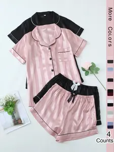 Women's Striped Jacquard Contrast Binding Satin Pyjama Set, Casual Pocket Button Lapel Shirt & Bow Decor PJ Shorts, Ladies Sleepwear for All Seasons, Pajamas