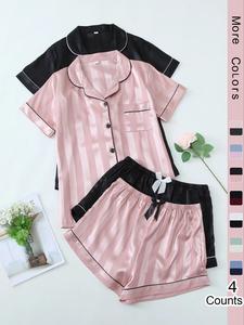 women's striped jacquard contrast binding satin pyjama set, casual fitted pocket button lapel shirt & bow decor pj shorts, ladies sleepwear for all seasons, pajamas, womenswear, loungewear, everyday homewear