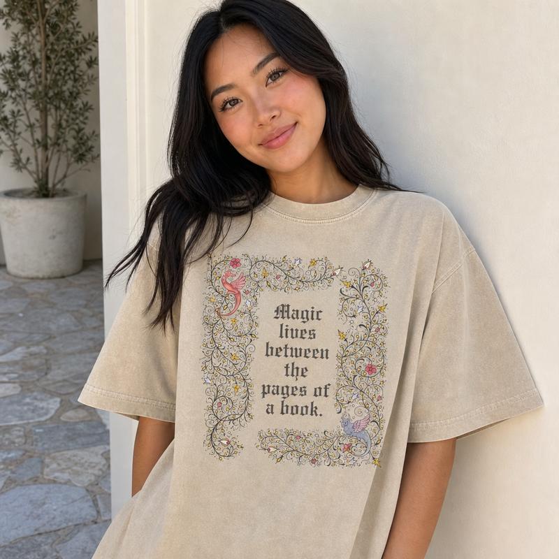 Romantasy Illuminated Manuscript Graphic Tee Women Soft Washed Cotton Magic Between Pages Dragon Shirt S-5XL
