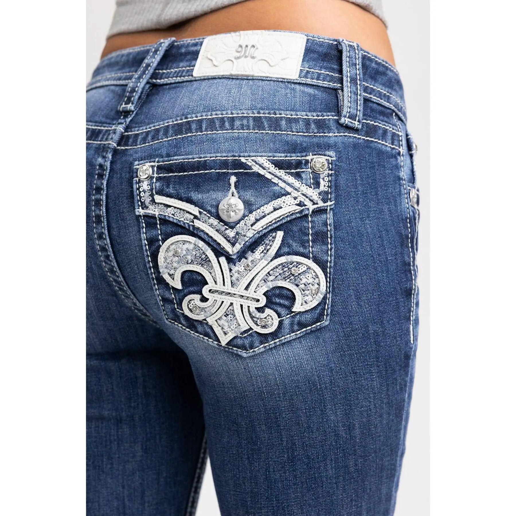 MissMe Vera Fleur Bootcut Jeans - Mid-Rise Skinny Fit with Embroidered Fleur-de-Lis & Sequins, All Seasons, Cotton Blend, Blue Denim, Casual  Jeans