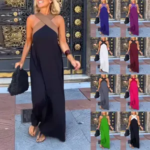 Women's Cross Halter Neck Sleeveless Stitching Dress 2025 Causal Summer Beach Long Dress