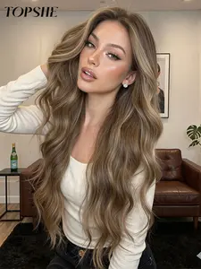 Topshe 13*6 Transparent Lace Frontal Wig 30 Inch Long Wavy with Highlights and Dark Roots, High Temperature Resistance Natural Looking Wig for Daily Wear Lace Hairline Wig