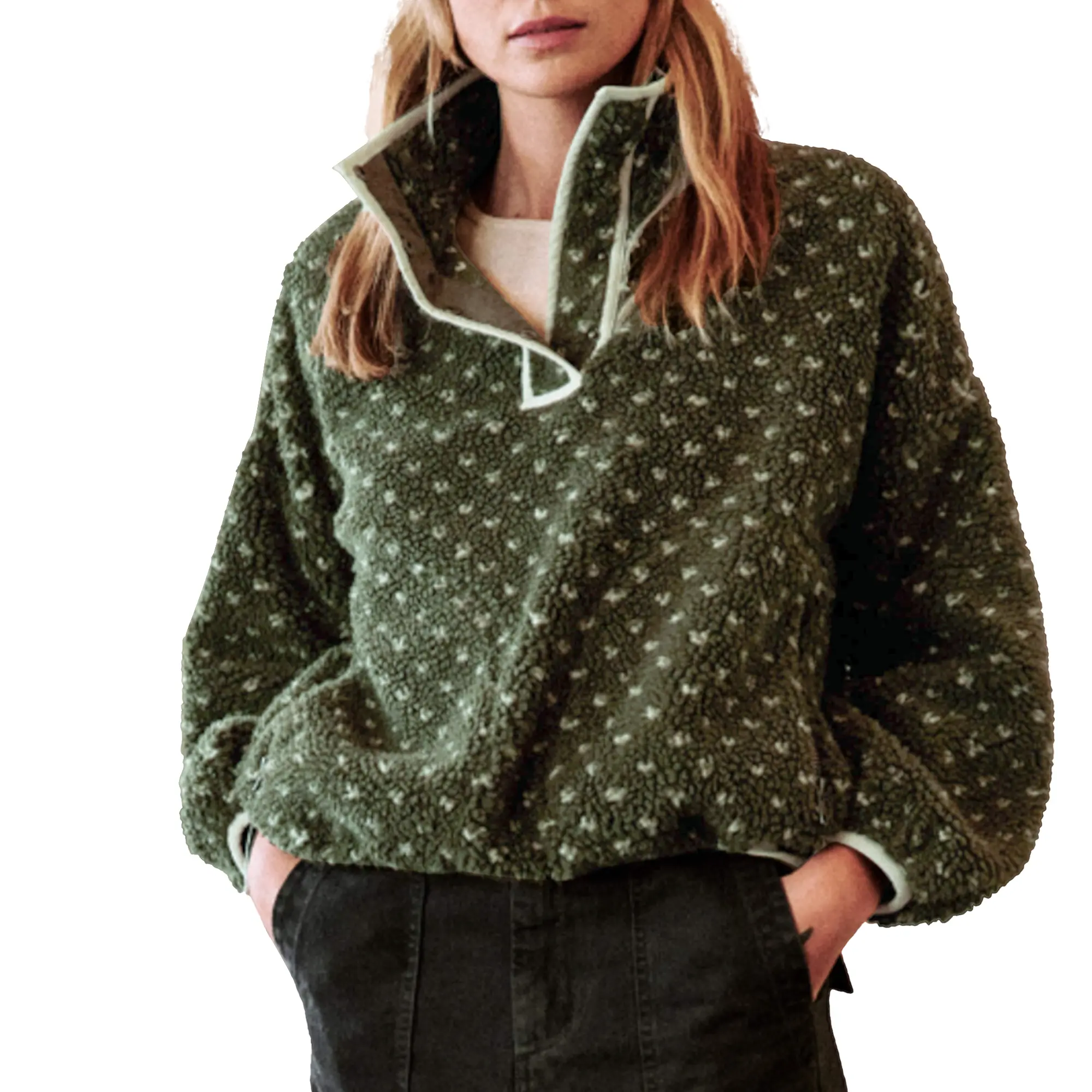 Talakeno Fuzzy Fleece Jacket Women Long Sleeve Half Button Down Tops Casual Sherpa Pullover Sweatshirt Warm Winter Outerwear