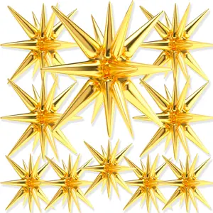PartyWoo Metallic Gold Aluminium Round Star Foil Balloons, 10pcs Different Sizes (42in, 27in, 22in) Explosion Spike Mylar Balloons for Graduation, Wedding, Birthday Party Decorations