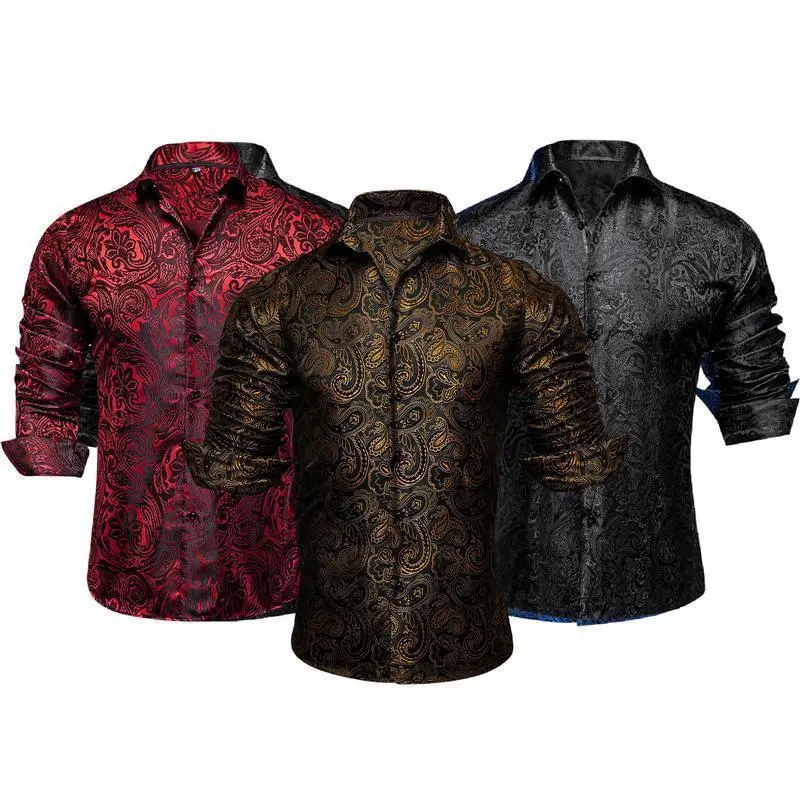 3 Pack Luxury Formal Casual Men Paisley Floral Anti-Wrinkle Dress Breathable Anti-Wrinkle Slim Long Cufflinks Cotton Cloth Men Shirt Business Top Wedding Party Menswear Gamis Brown + Blue + Black Tropical No.32Gift