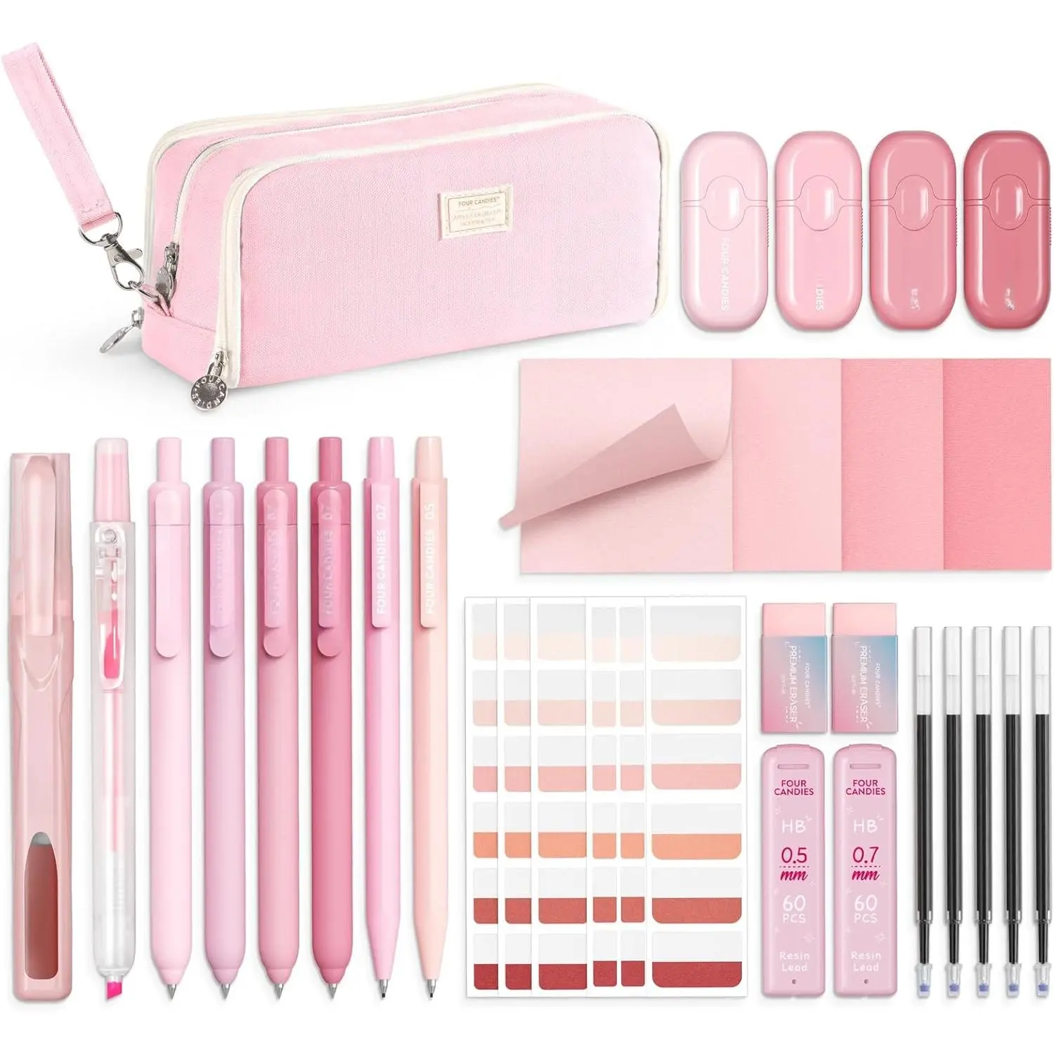 School Supplies with Case, Gel Pens with Black Ink, Correction Tapes, Pastel Highlighters, Mechanical Pencils, Sticky Notes, Index  for  Study Stationary College Essentials
