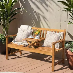HOMALL Outdoor Bench 2-Person Acacia Garden Chair Patio Porch Furniture with Foldable Small Table Plate for Deck, Yard, Balcony, Natural