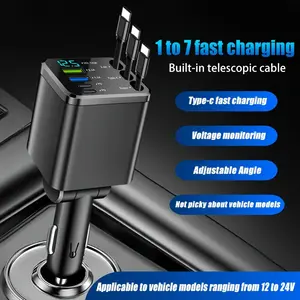 7-in-1 Retractable Car Charger with 3 Telescopic PVC Cables, 4 USB Ports, Type C PD, Voltage Display, Adjustable Angle, 12V-24V Universal Fit, Simultaneous Charge for Smart Devices, Car Accessories summerwins,summerwins