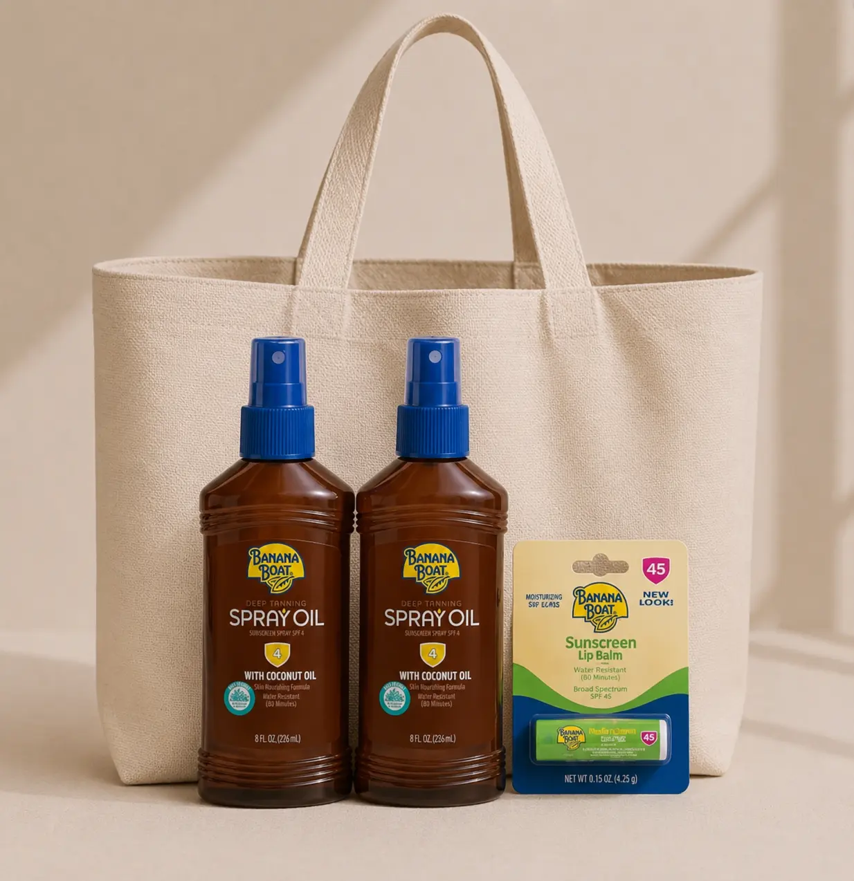 Banana Boat Deep Tanning Oil SPF 4 Twin Pack (8Fl Oz Each) - Water-Resistant Sunscreen, SPF 45 Lip Balm, Tanning Products, Beach & Travel Outdoor Adventures Pool Day Kit with Convenient Storage, Reusable Tote