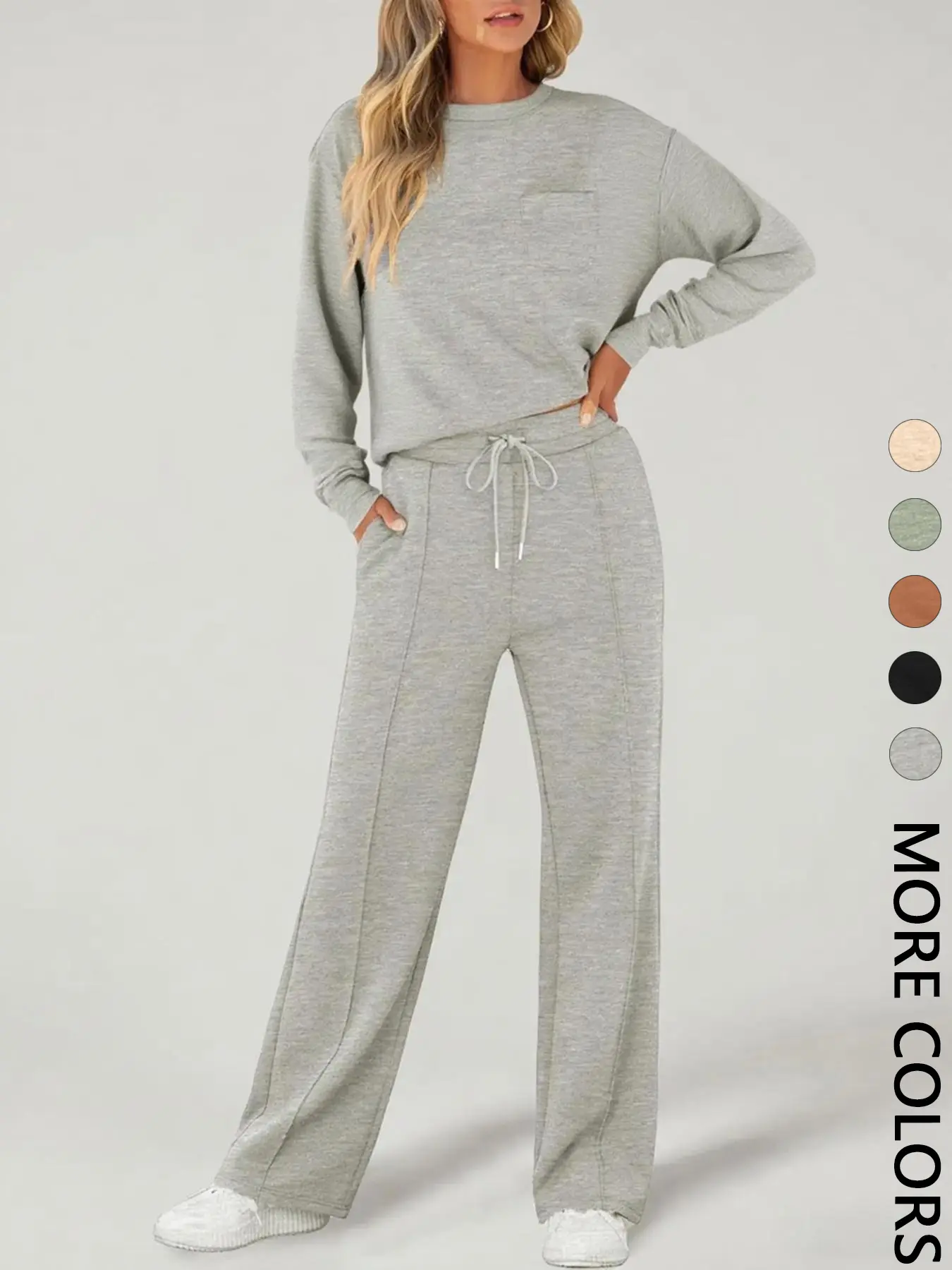 2-Piece Women's Casual Long Sleeve Pocket Sportswear Set, Stylish Comfortable Wide Leg Athletic Tracksuit Set for All Seasons, Casual Sportswear Outfit
