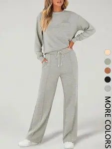2-Piece Women's Casual Long Sleeve Pocket Sportswear Set, Stylish Comfortable Wide Leg Athletic Set for All Seasons