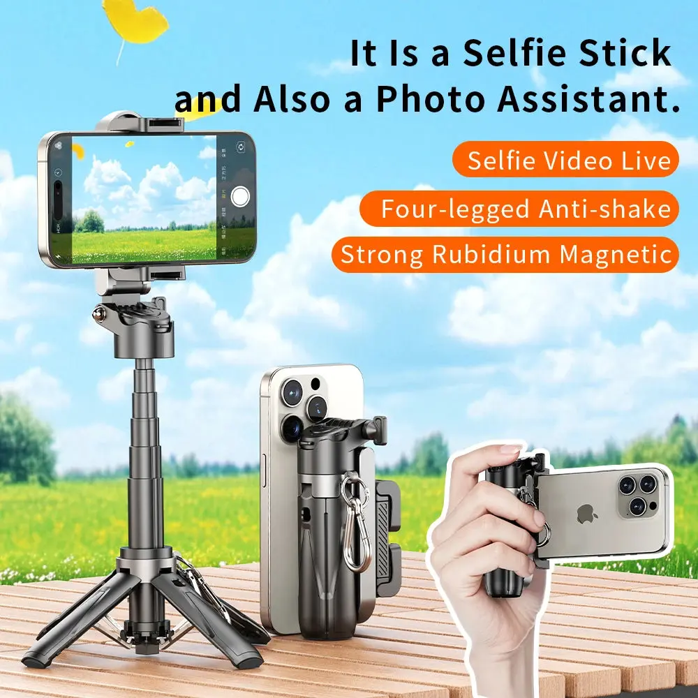 NoEnName_Null T20/T20-C Mini Tripod - Ultra-Lightweight Zinc Alloy Selfie Stick with 360° Phone Holder & Bluetooth Remote for Live Streaming & Vlogging Portable Compact Foldable Design