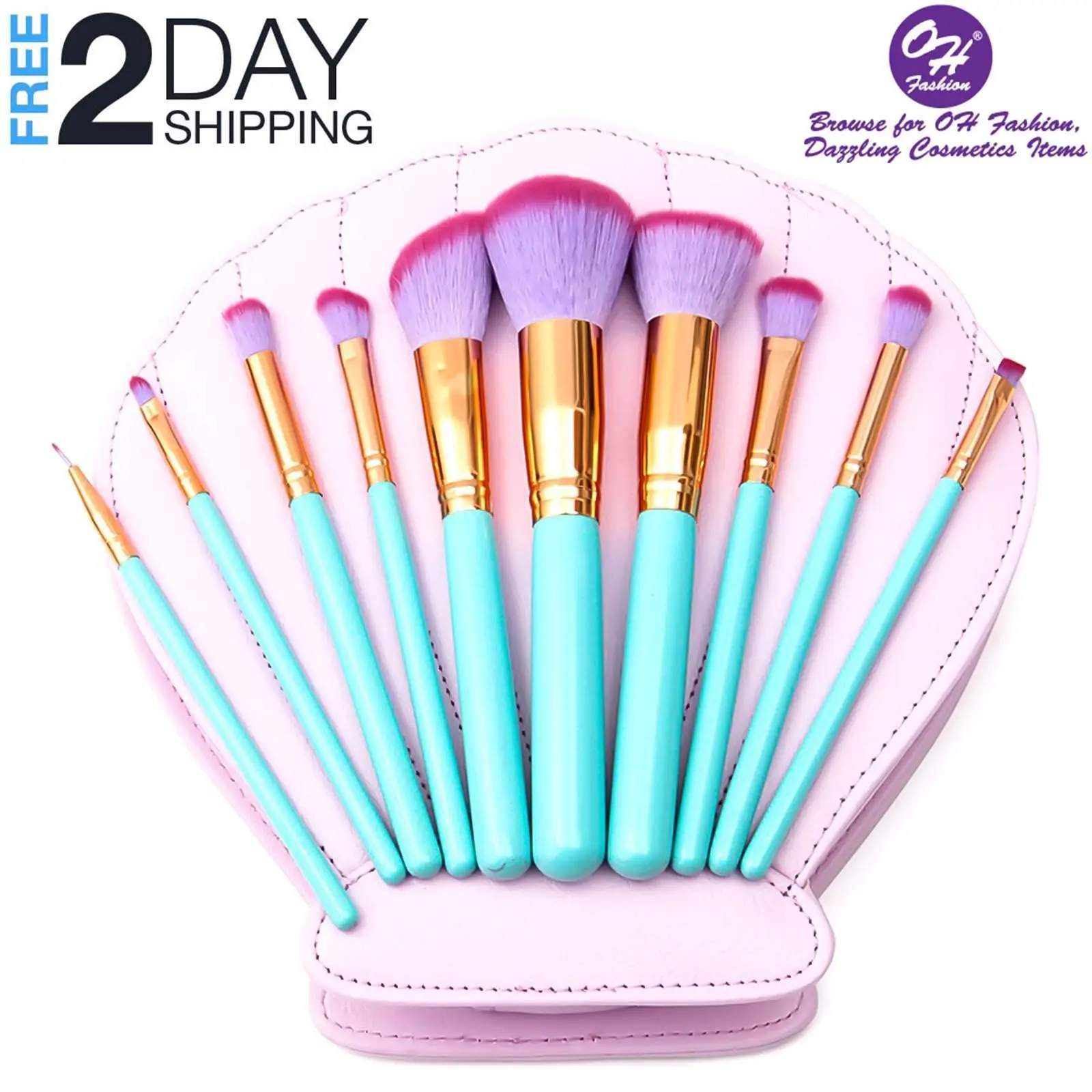 Makeup Brushes Set Mermaid Shell Blue Oceana, 11 PCs