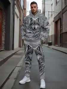 Trendy Wolf Totem Print Hoodie Set, Long Sleeve Fitted Casual, Running & Outdoor Wear, Fall & Winter Fashion, Streetwear Tracksuit Set