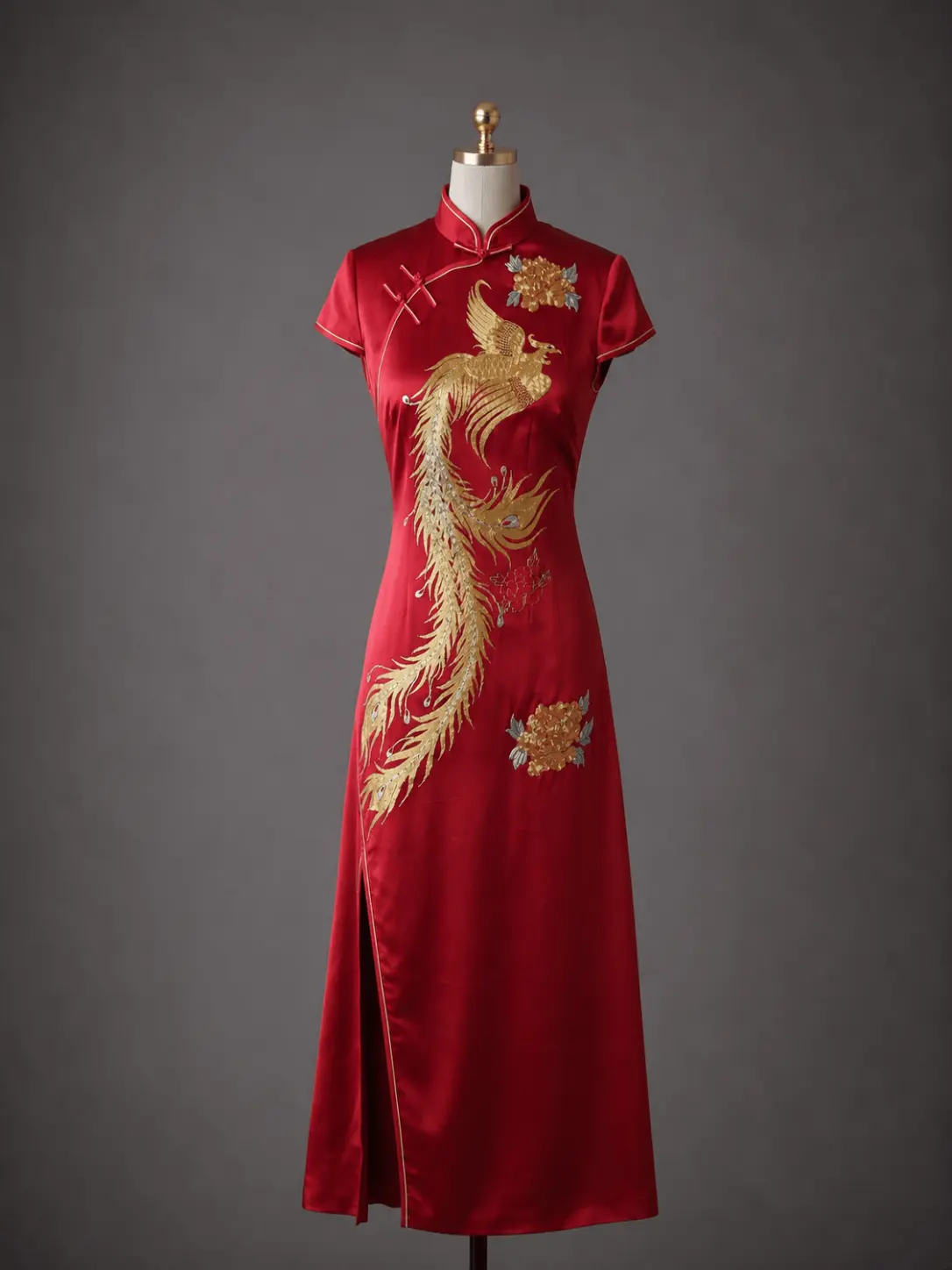 Wine Red Silk A-Line Qipao with Hand Embroidered Phoenix and Peonies