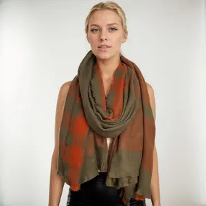 100% Acrylic Vibrant Plaid Patterned Acrylic Scarf -Olive and Orange Color，Winter scarf for Women