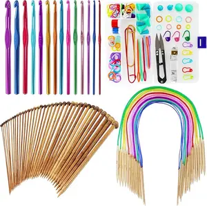 18 Pairs Circular Wooden Knitting Needles Set With Colored Tube, 36 Pcs Single Pointed Bamboo Needles, 14 Pcs Aluminum Crochet Hooks Set Include Crochet Kits