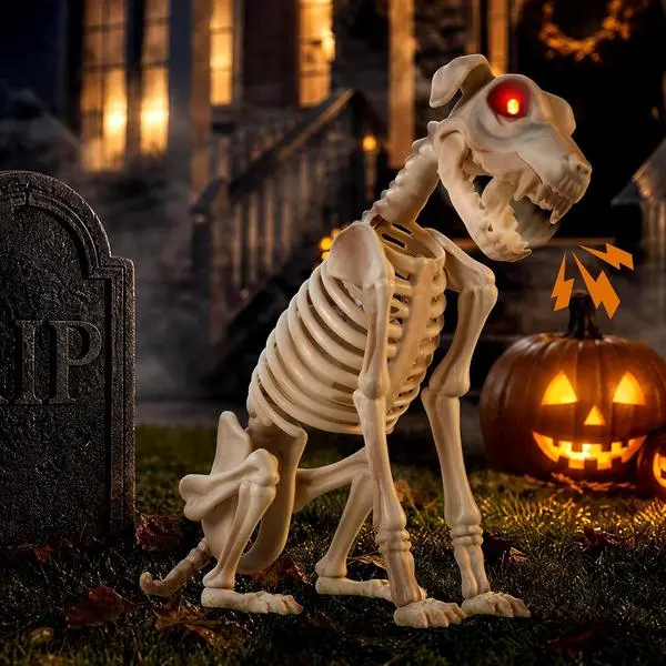 Halloween Animatronic Skeleton Dog Decoration 15 Inch, Sound & Touch Activated Halloween Prop with Moving Jaw, Glowing Red Eyes and Creepy Barking Sound, Animated Graveyard Yard Haunted House Decor