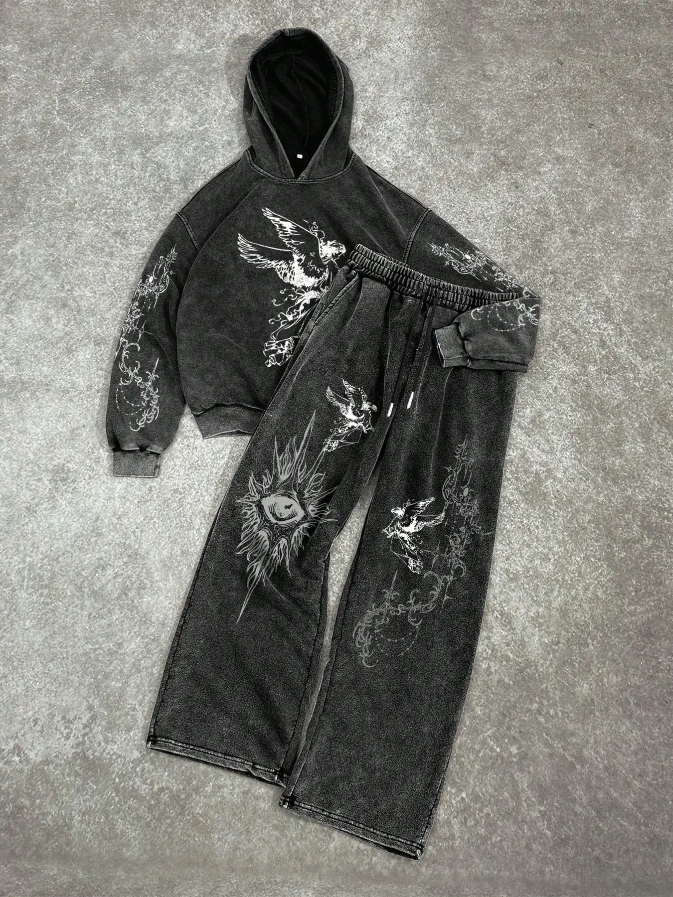 Neutral Vintage Washed Sportswear Set, Gothic Eye & Bird Print Hoodie with Wide Leg Pants, Dark Street Style, Streetwear Tracksuit Set, Stylish Casual Tracksuit, Letter Print Tracksuit