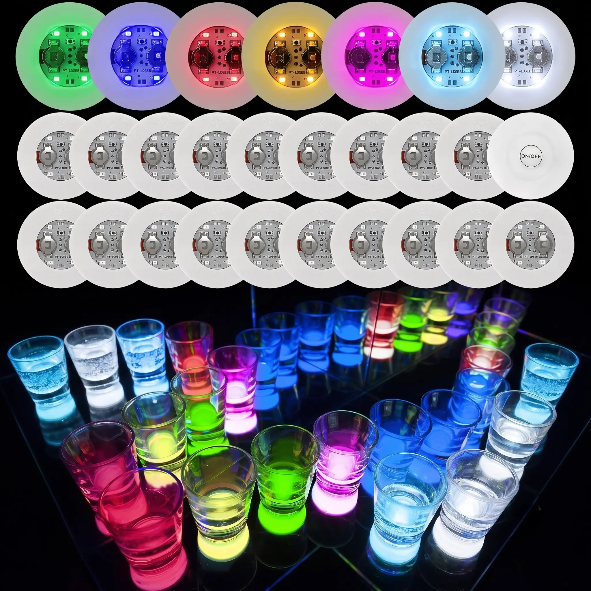 20-Pack LED Drink Coasters, 8-Color LED Bottle Sticker Lights, Light-Up Decor for Bars, Bottles, Glasses