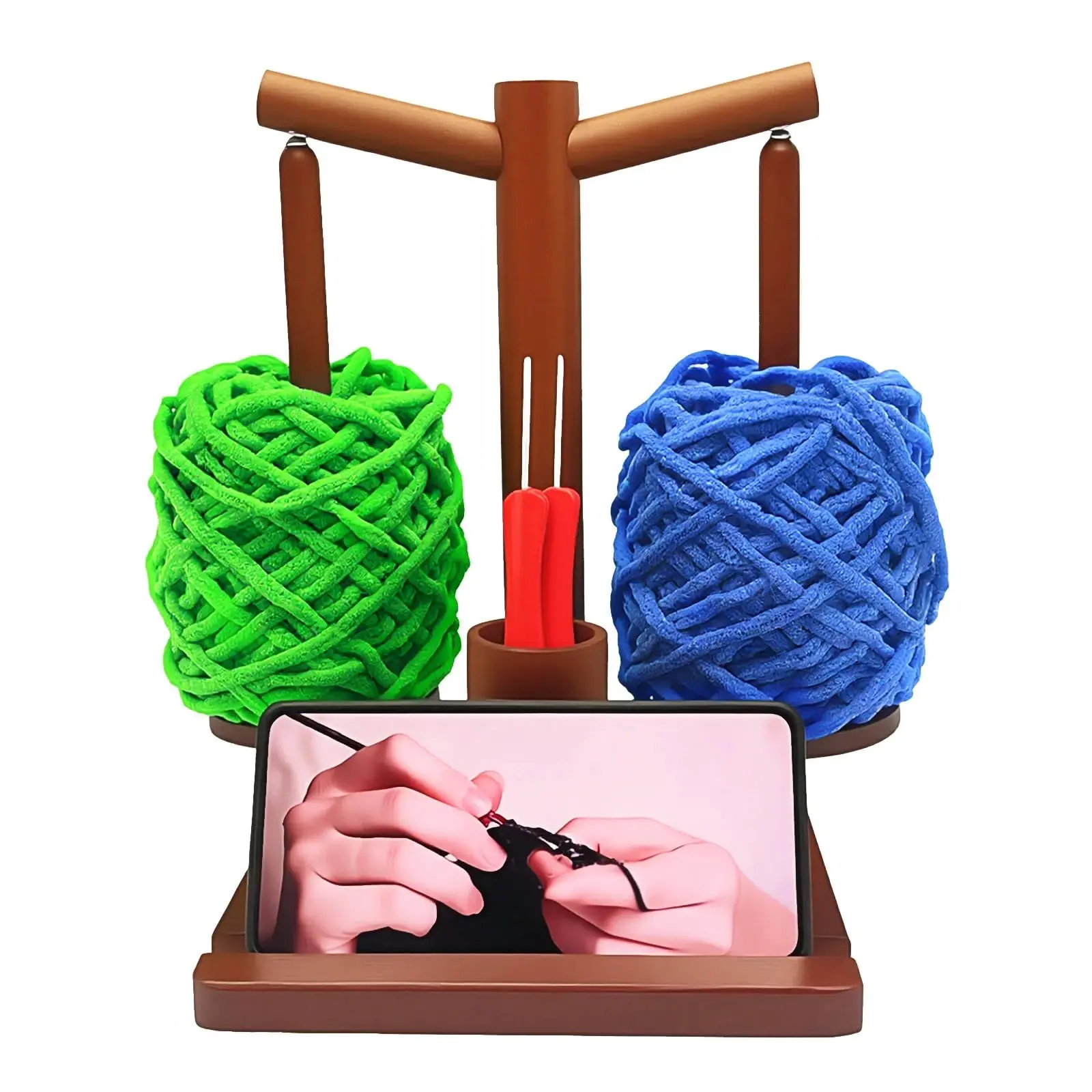 Wooden Magnetic Rotating Dual Axis Yarn Holder, Wooden Yarn Spinner, Phone Stand Included, Knitting Needle Stand, Ideal for Crochet and Knitting, Perfect Gift for Crafters, Knitting Accessories