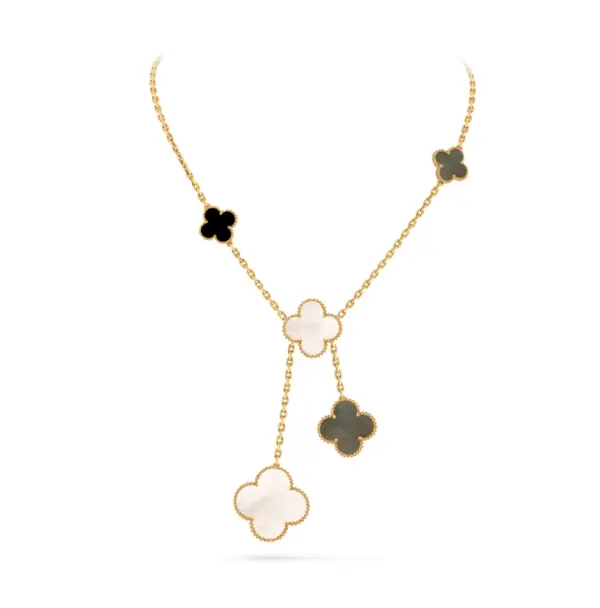 Pre-owned Van Cleef & Arpels Magic Alhambra necklace, 6 motifs 18K yellow gold, Mother of pearl, Onyx,2024 full set