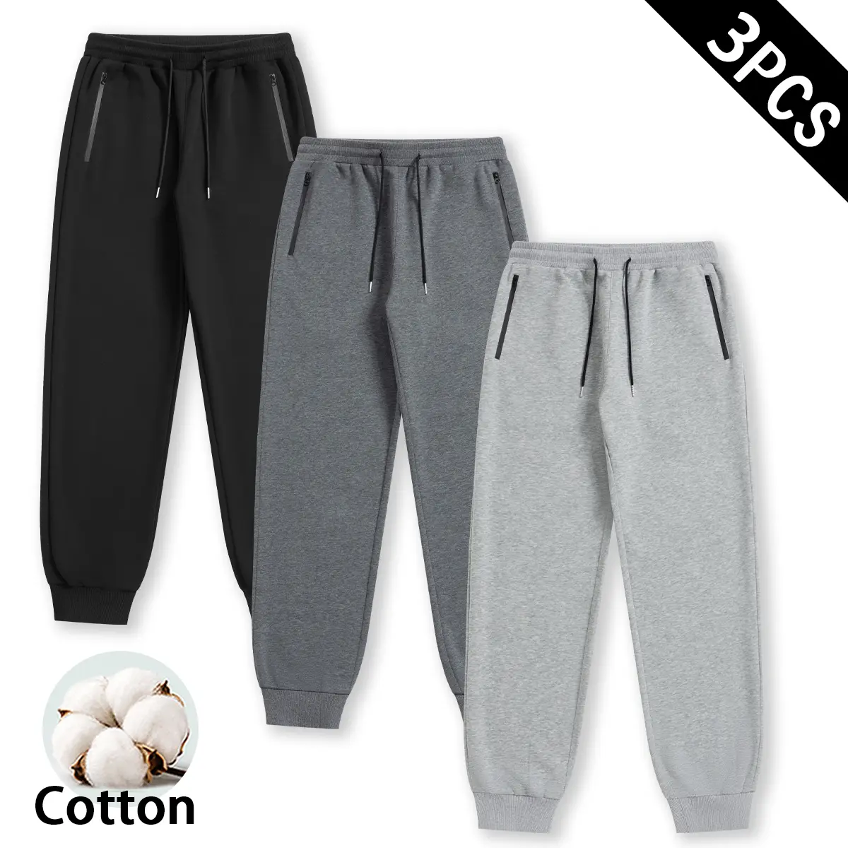 Men's Cotton Jogger Sweatpants, Black / Dark Gray / Light Gray, S‑3XL, Elastic Drawstring Waist, Zipper Side Pockets, Loose Tapered Fit Casual Joggers for Daily Wear Gym Workout Outdoor Streetwear