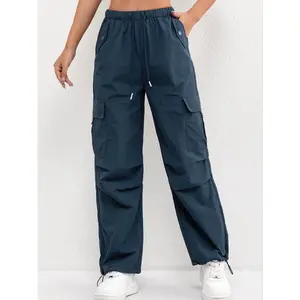 Women's High-Waist Solid Cargo Pants - Beige Polyester Quick-Dry Lady's Bottoms with Multiple Pockets, Elastic Waistband for Spring,Summer Casual Wear