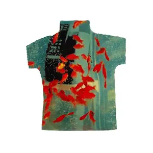 Summer Retro Print Design T-shirt Women Casual High Elasticity Half High Collar Casual Tops Y2k Fashion 2000s Slim Tees 2025 New