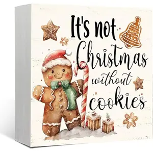 Christmas Gingerbread Wooden Box Sign Decor, Winter Christmas Gingerbread Decorations Wood Block Signs, Retro Winter Xmas Holiday Wood Sign for Home Bedroom Kitchen Desk Shelf Wall Decor ,5x5 inch
