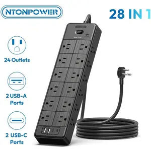24 Widely Outlets 5 Ft/10 FT/15 FT/25 FT Extension Cord NTONPOWER 15A/1875W Power Strips with Surge Protection 4000J,Black/White Extension Cord Surge Protector with 4 USB Ports(2 USB C), Wall Mount Holes for Home, Office