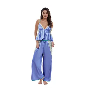 Women's 2-Piece Pajamas Lounge Set - Sleeveless Lace Patchwork Spaghetti Strap Ruffled Cami Top, Loose Pants Nightwear, Soft Polyester Loungewear for Spring, Autumn