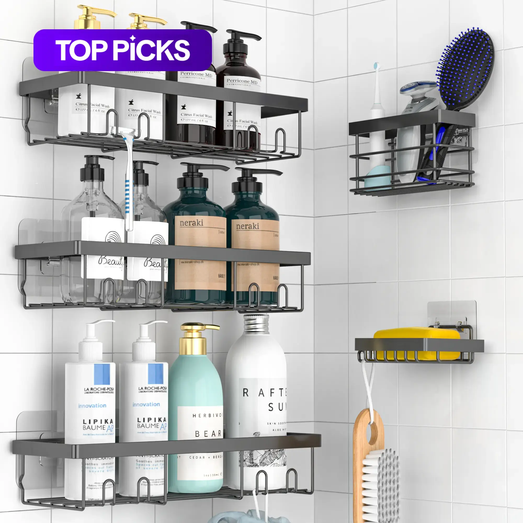 5-Piece Self-Adhesive Metal Shower Caddy Set, Durable Shower Organizer, Bathroom Corner Storage Baskets, No-Drill Installation, for Bathroom & Kitchen #GLOBAL PICKS
