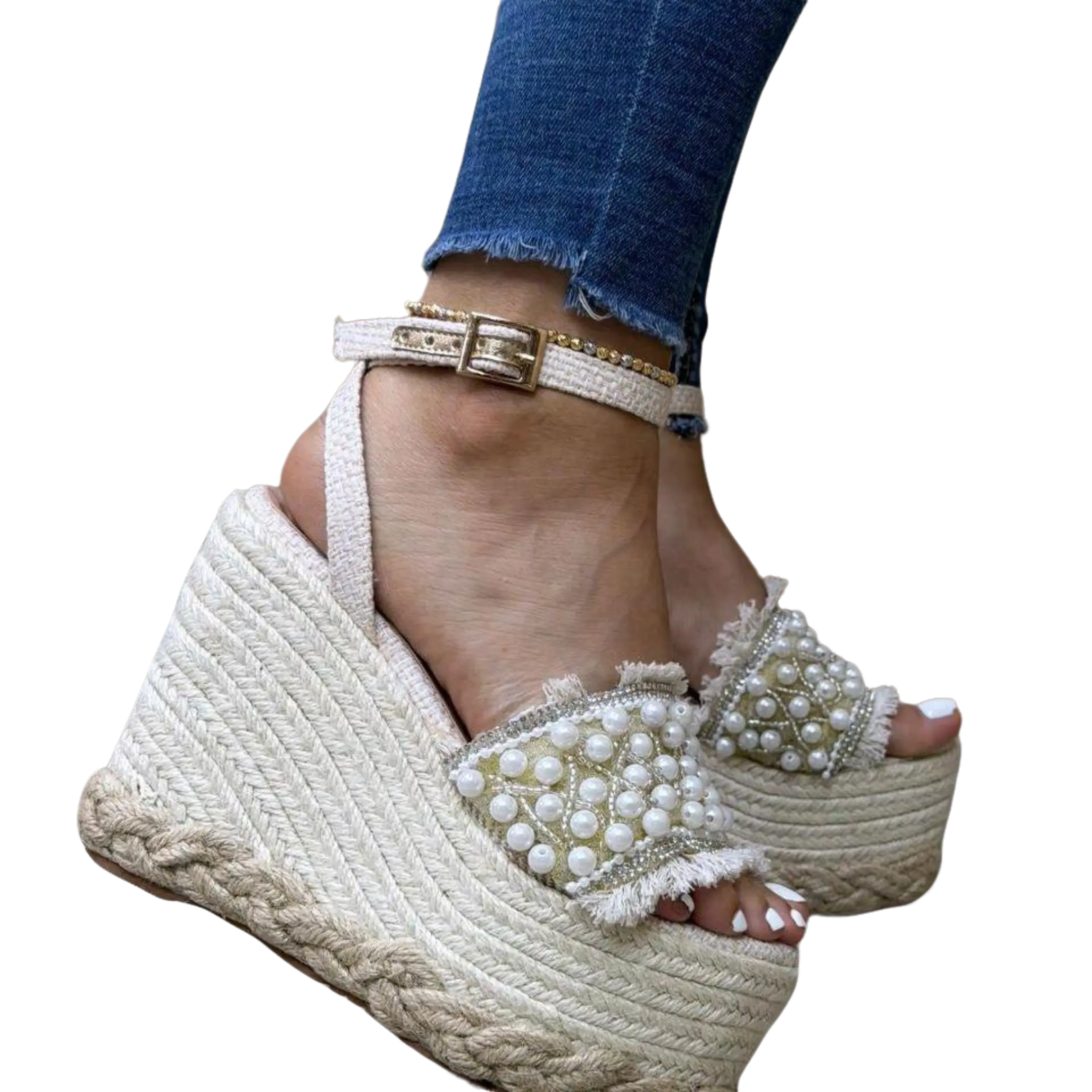 CARO 12 cm Wedge Sandal with Pearl Embellishments for Casual & Formal Wear Comfortable Stylish Heel Elevator