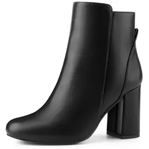 BLISSFUL STEP Round Toe Side Zip Block Heel Ankle Booties for Women 7 Black