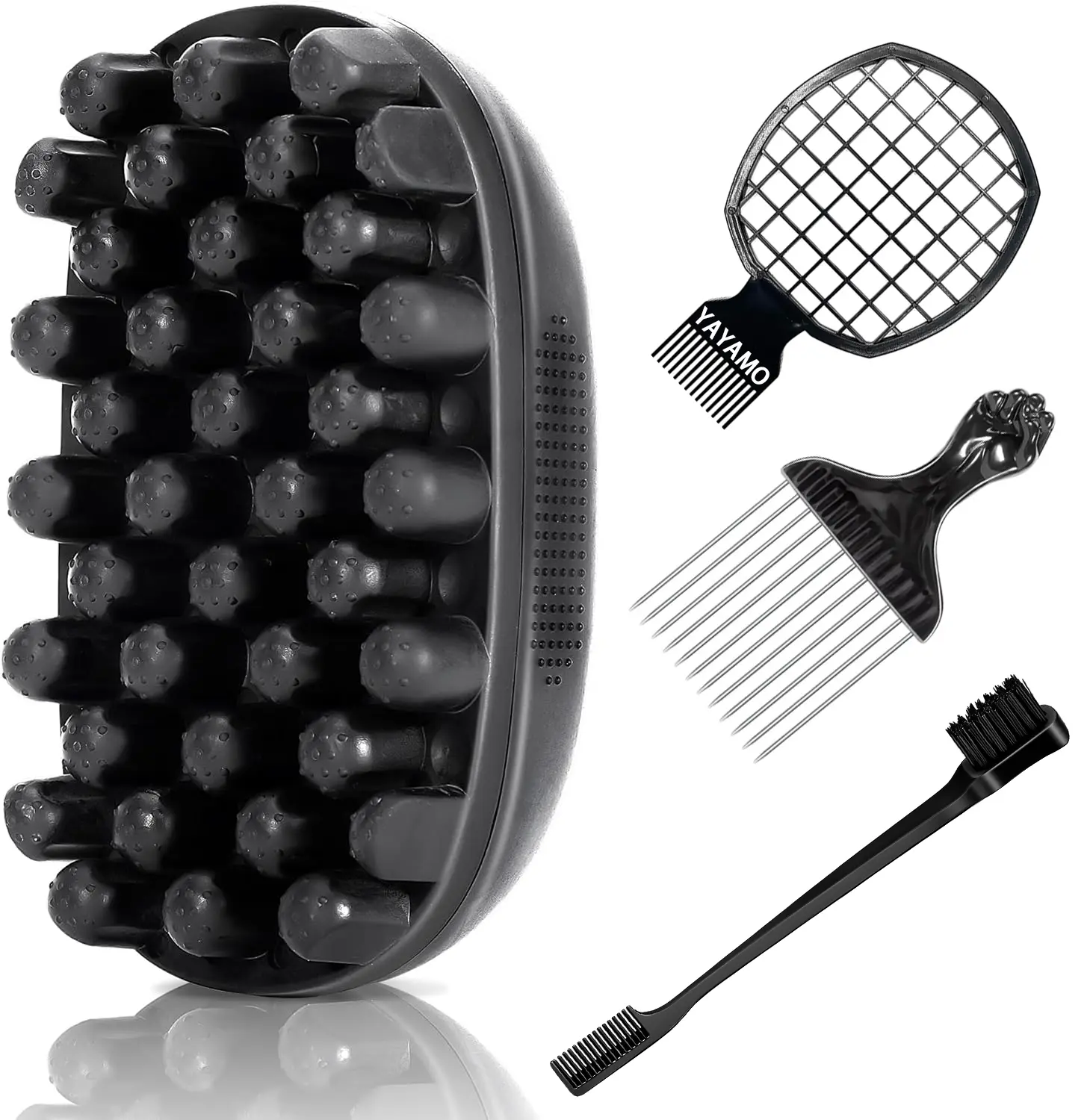 Twist King Silicone Twist Brush Kit for Black Men - Afro Kinky Coil/Freeform Dread Sponge Alternative with 4-Piece Set: Metal Fist Pick, Mesh Comb, Flawless Edges Brush