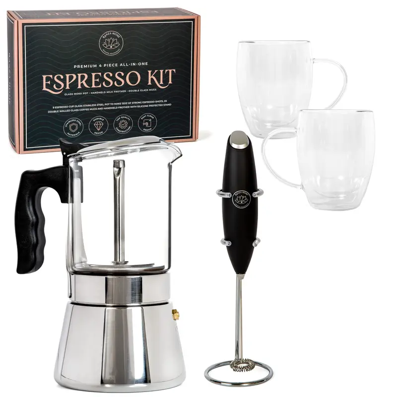 Ranza Home Moka Pot Stovetop Espresso Maker Set, With 9 Cup Coffee Percolator Pot, 2x Glass Coffee Mugs (12oz) and Milk Frother for Coffee. Stove Top Cafetera Greca, Cuban or Italian Coffee Maker Classic