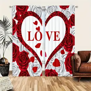 Love Print Window Curtains Set of 2, Rod Pocket Design, Easy to Hang, Semi-Transparent Privacy Drapes, Polyester Fiber, Home Decor, Decorative Touch, Durable, Home Decoration Curtain, Room Decor Curtain