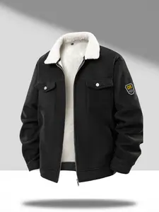 Vintage Corduroy Collar Jacket with Faux Lambswool Lining, Double Chest Patch Pockets, Elbow Badge Embellishment - Perfect for Retro Enthusiasts, Everyday Street Style & Casual Gatherings