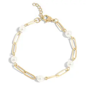 18K Gold PVD Stainless Steel Station Pearl Paperclip Bracelet with Elegant Pearl Accents and Secure Clasp Design