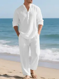 Men's spring and summer new island vacation set, linen two-piece set, stand-up collar Long shirt + loose trousers, breathable and skin-friendly, suitable for daily casual and vacation wear, refreshing and not stuffy