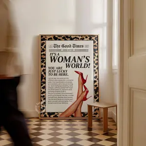 Leopard Retro Newspaper Print Poster Unframed | Feminist "It's a Woman's World" Art | Vintage Magazine Style Poster | Fashion Heels Wall Decor UNFRAMED,  Girly Apartment Decor Wall decor, Home Decor, Birthday Gift