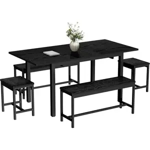5-Piece Extendable Dining Table Set for 4-8 People, 63" Farmhouse Kitchen Table with 2 Benches & 2 Stools, Space-Saving Metal Frame Dining Furniture, Easy Assembly, Black, Mdf Wood
